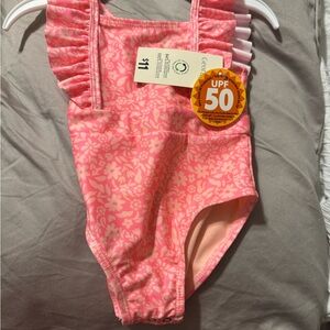 Pink Floral Baby Swimsuit with Ruffles